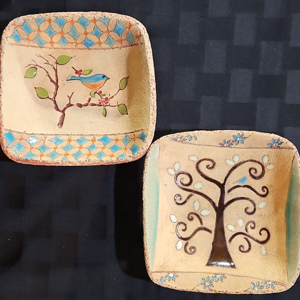 Artisan Ceramic Bluebird Trinket Dishes Set of 2 Cottagecore Folk Art Catchall